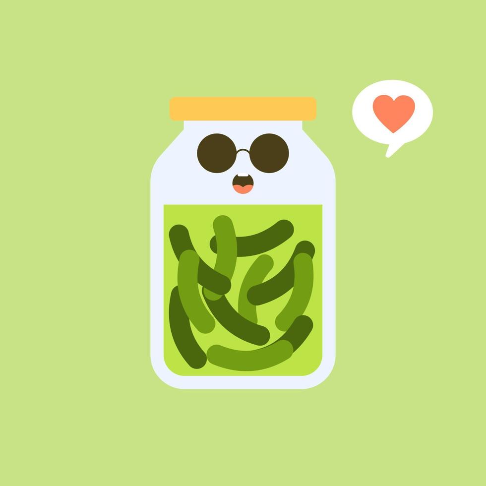 pepinillos kawaii y lindos en tarro, tarro aislado de pepinos encurtidos. Verduras marinadas en lata, producción casera llena de probióticos. Verduras fermentadas, pepinillo crujiente con sal. estilo de diseño plano vector