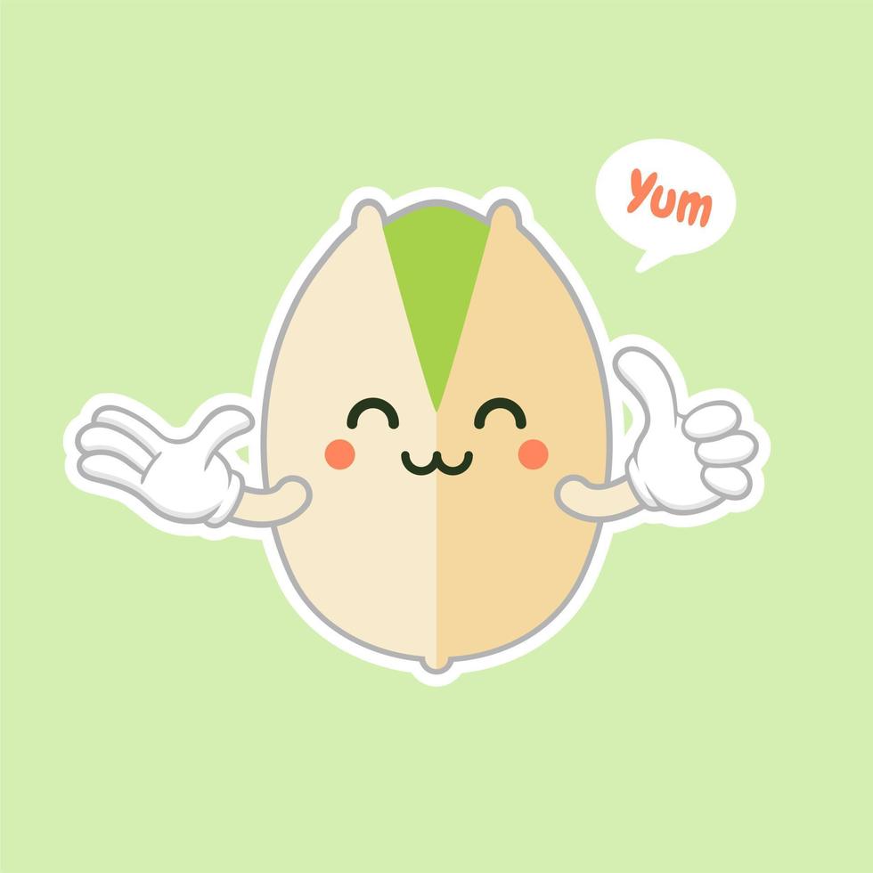 cute and kawaii Pistachio nuts character in the shell. Open and fried fresh organic food. Singles and group. Nuts vector illustrations isolated on color background.