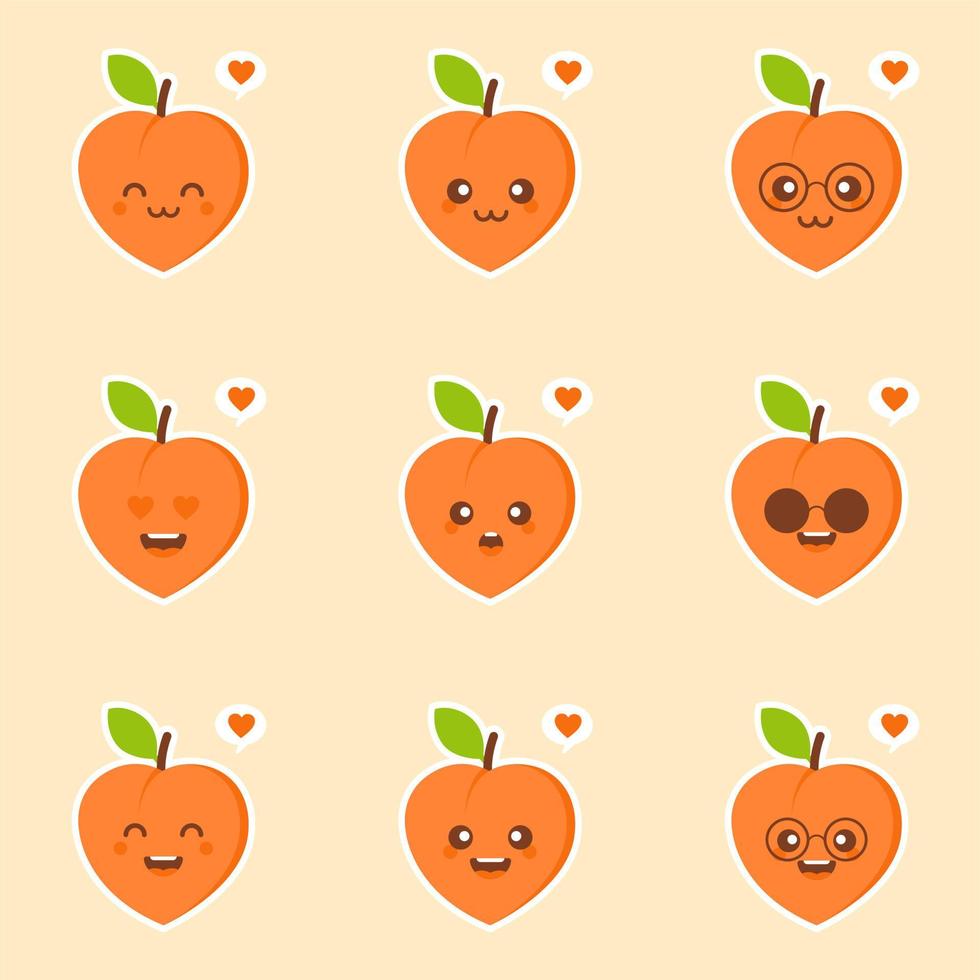 Peach kawaii emoticon cartoon illustration. Peach Social Media Emoji. Modern Simple Vector For Web Site Or Mobile App. Peach Character Mascot .Fruits Vegetables Cute Simple icon logo Design Vector