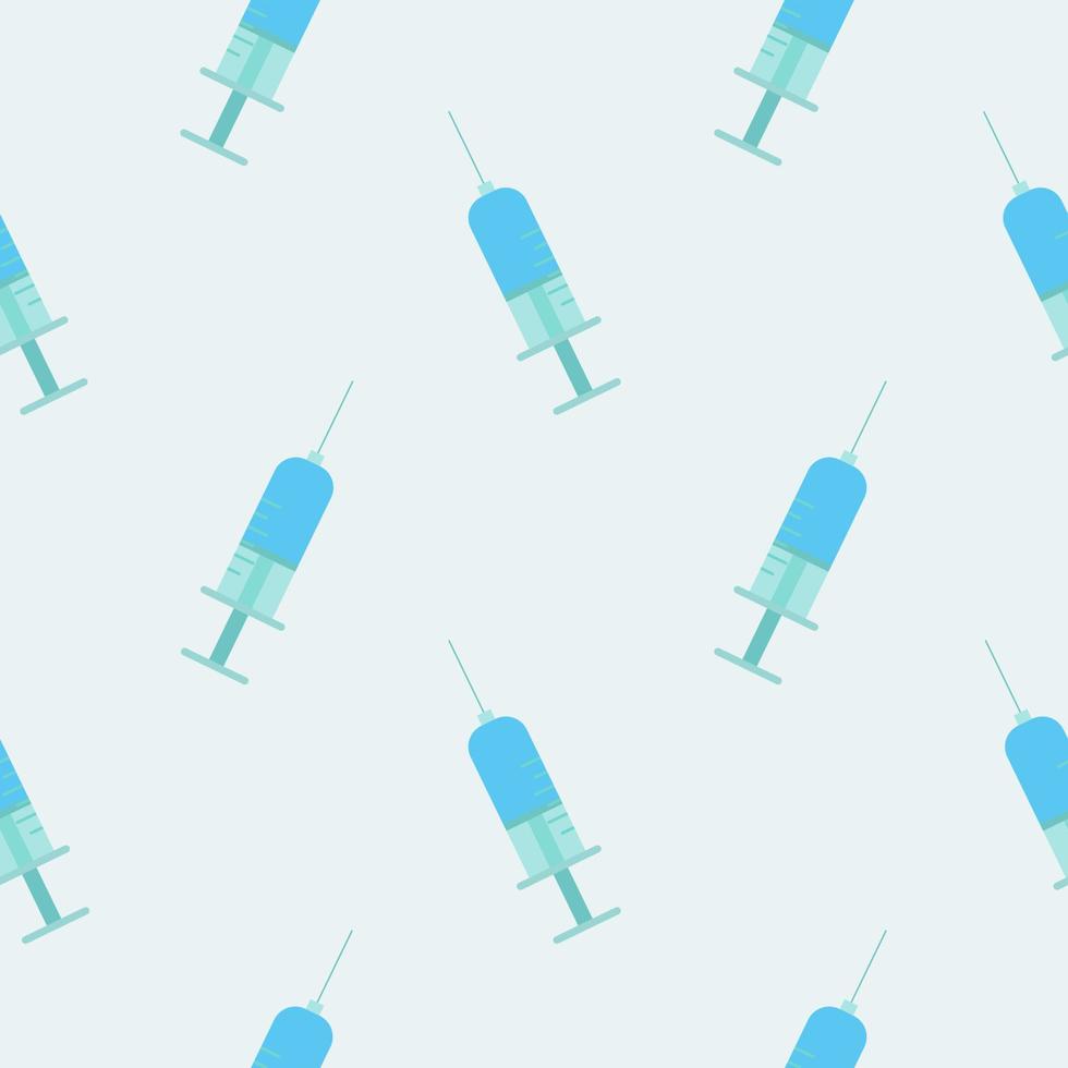 Seamless pattern texture of blue disposable sharp medical pharmacetic syringe for pricks with medicine, drugs on a color background. Vector illustration