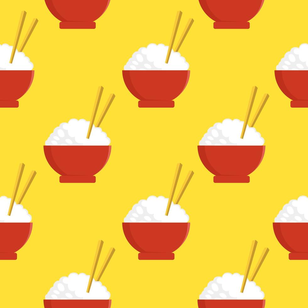 rice bowl with chopstick icon isolated seamless pattern on yellow background. Traditional Asian food. Vector Illustration