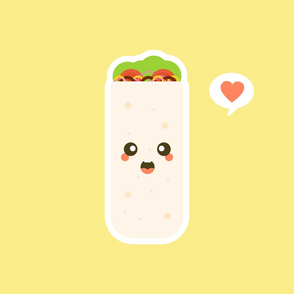 burrito feliz sonriente divertido lindo y kawaii. ilustración de vector de diseño plano de comida mexicana. comida tradicional mexicana, comida rápida. clipart brillante y positivo, composición.