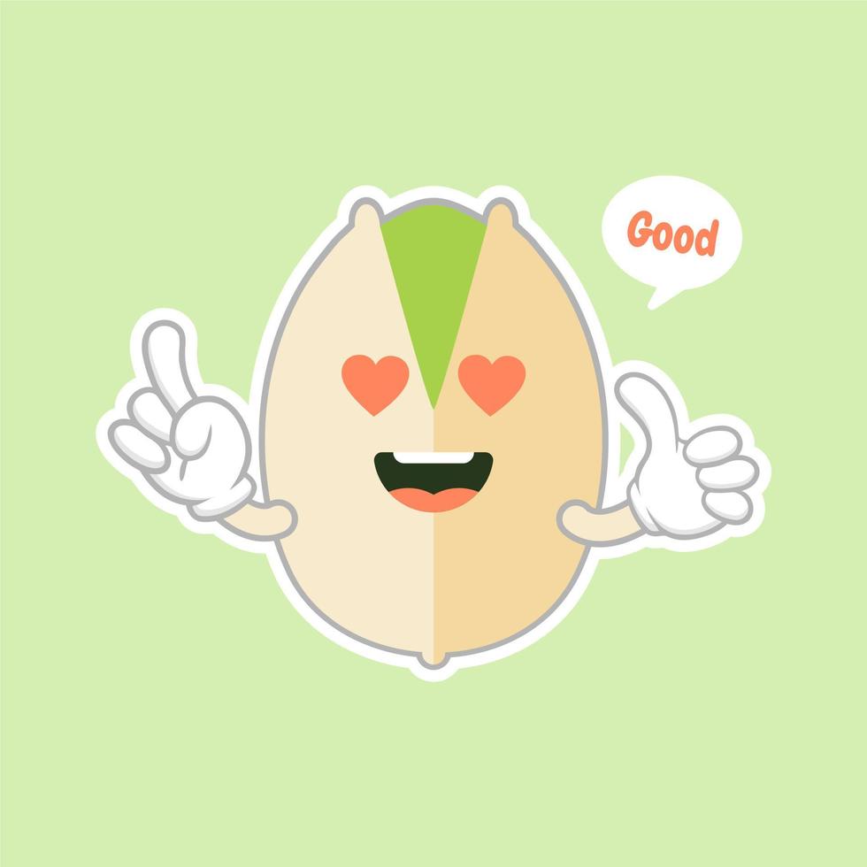 cute and kawaii Pistachio nuts character in the shell. Open and fried fresh organic food. Singles and group. Nuts vector illustrations isolated on color background.