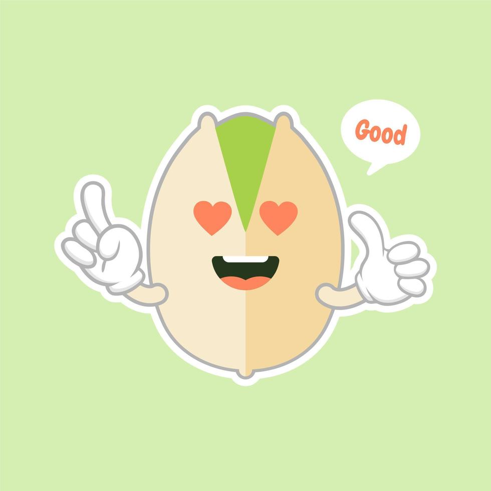 lindo y kawaii personaje de pistachos en la cáscara. alimentos orgánicos frescos abiertos y fritos. individuales y grupales. ilustraciones de vectores de frutos secos aisladas sobre fondo de color.