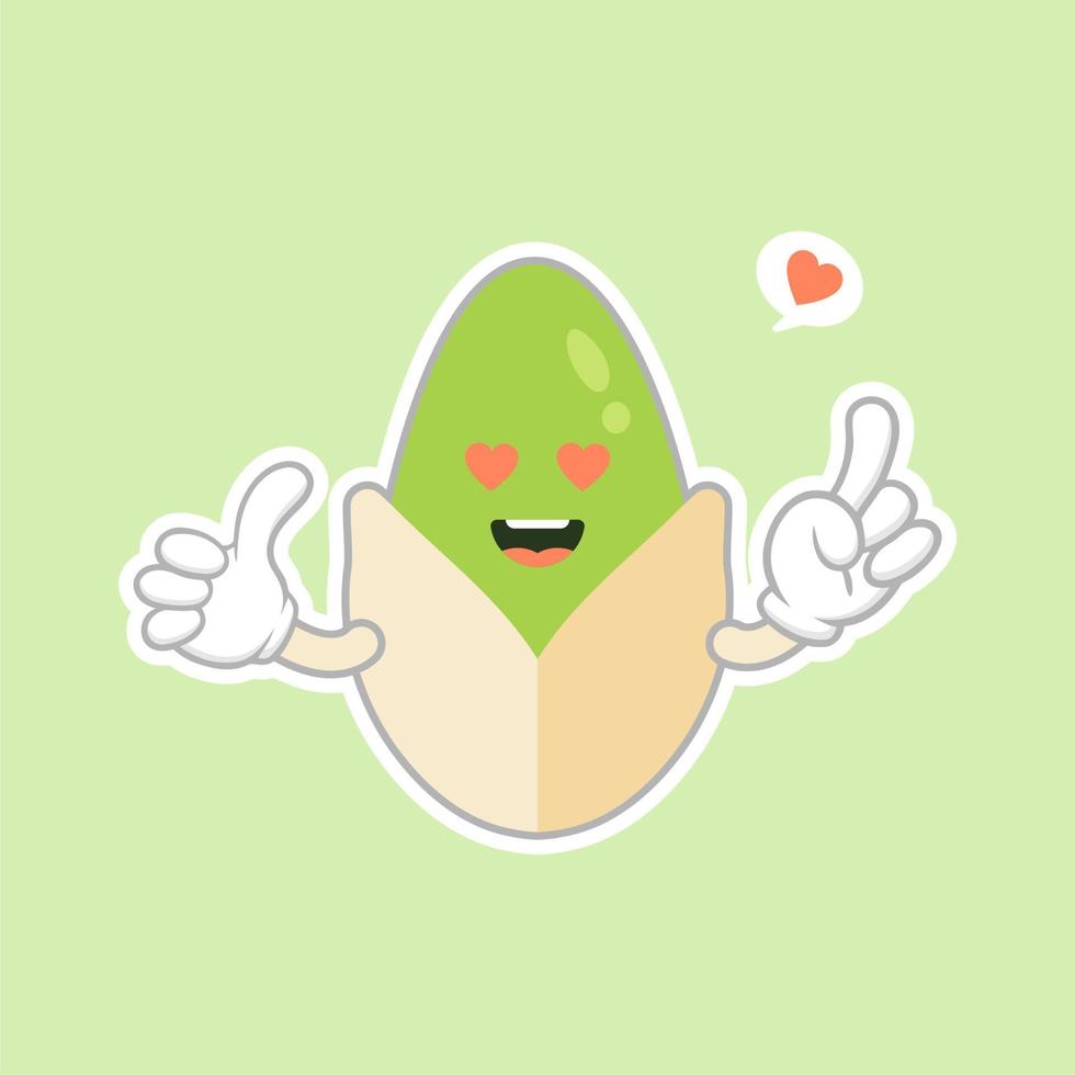 lindo y kawaii personaje de dibujos animados de nueces de pistacho. merienda tradicional. comida sana. adorno de nuez. vector