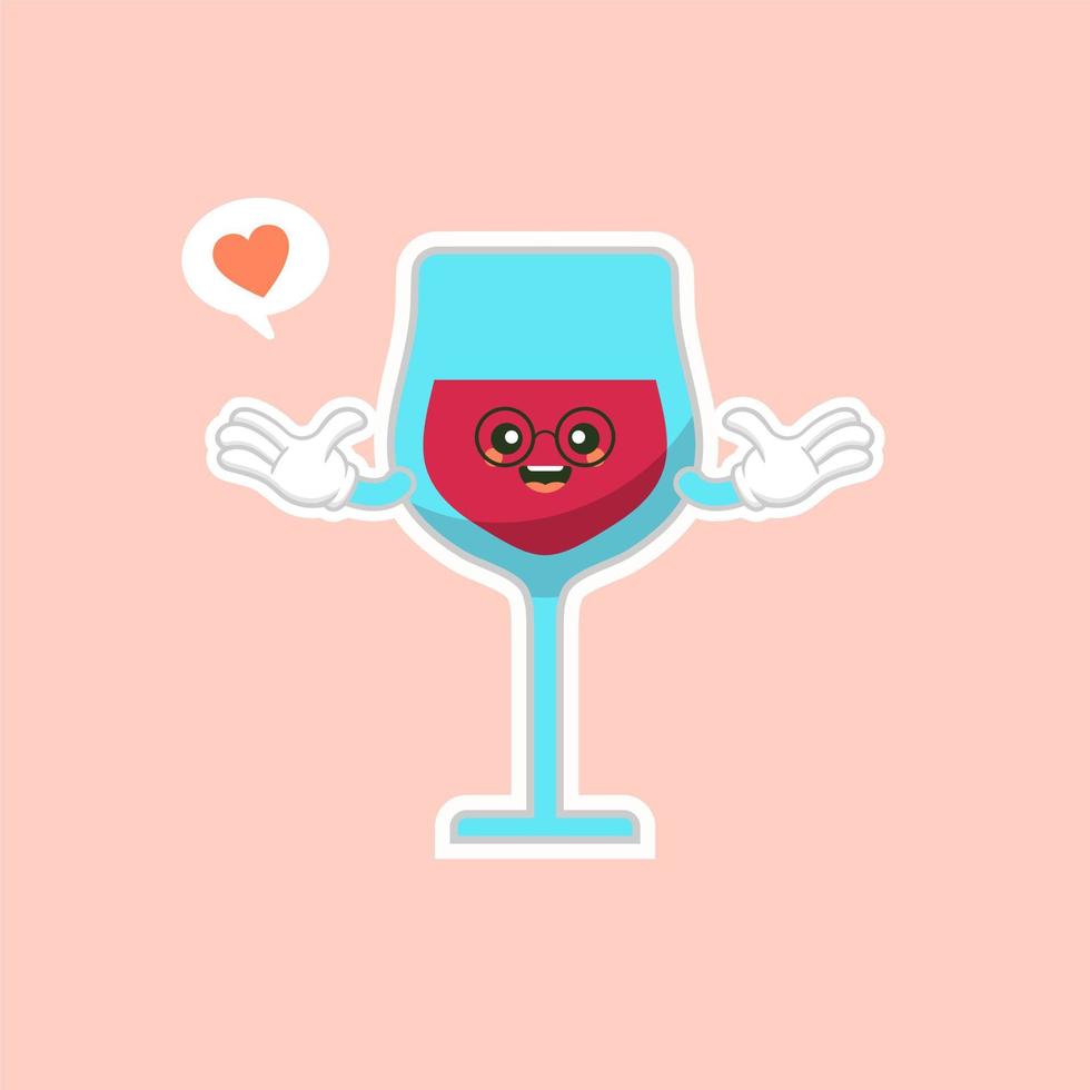 cute and kawaii glass of red wine, cartoon character design. Alcohol mascot. Transparent glass. Flat vector illustration isolated on color background