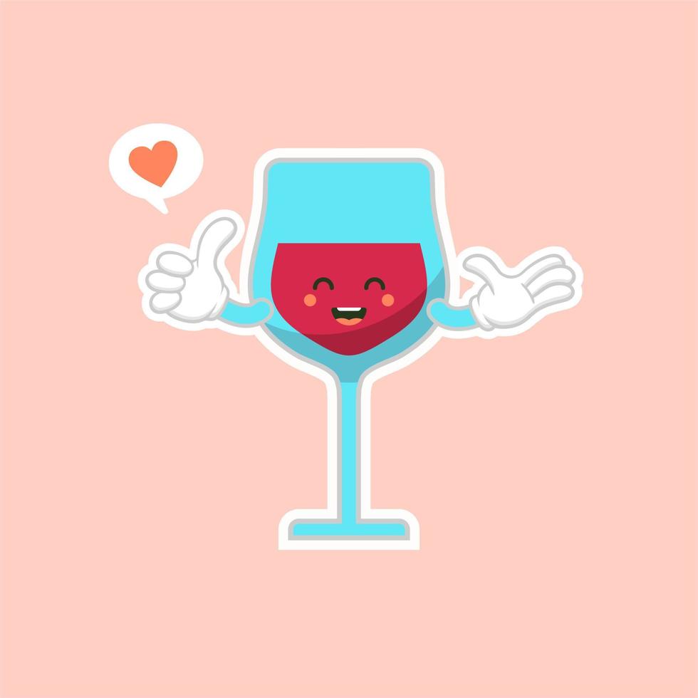 cute and kawaii glass of red wine, cartoon character design. Alcohol mascot. Transparent glass. Flat vector illustration isolated on color background