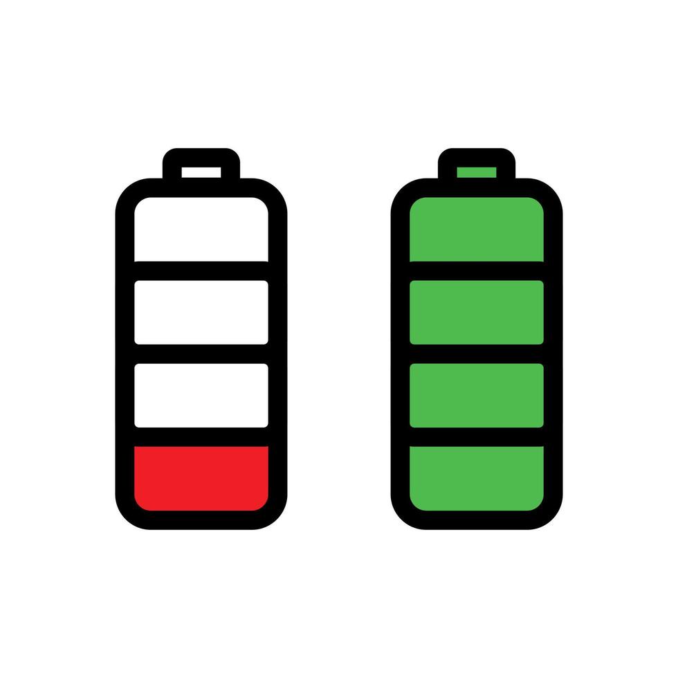 Battery icon vector set on isolated background. Symbols of battery charge level, full and low. The degree of battery power flat vector illustration.