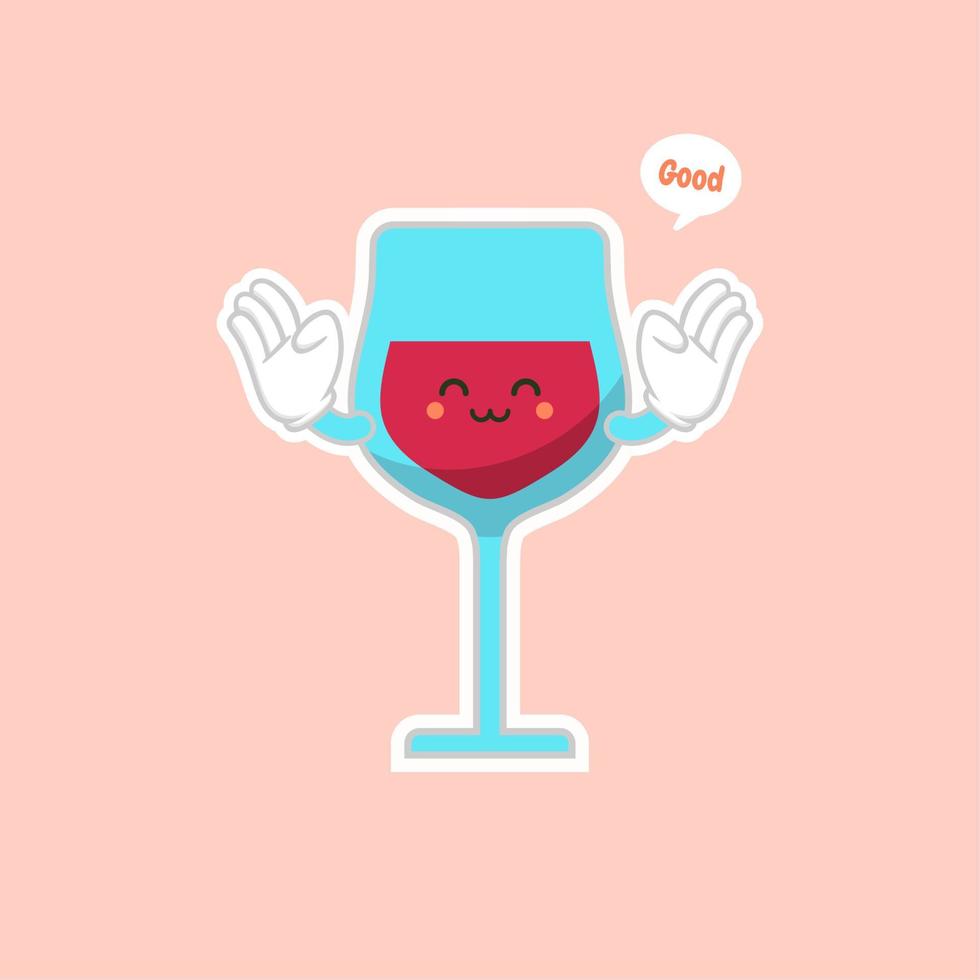 cute and kawaii glass of red wine, cartoon character design. Alcohol mascot. Transparent glass. Flat vector illustration isolated on color background