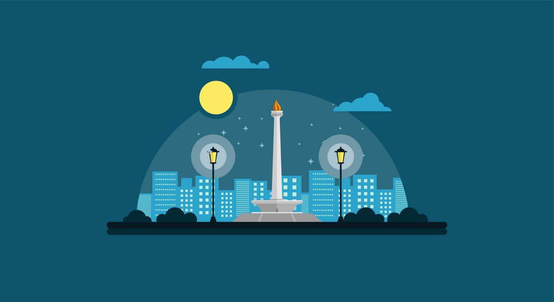 ilustración de diseño de vector plano de monas. monumento nacional de indonesia el hito de la ciudad de jakarta. monumen nasional jakarta tugu monas, ciudad capital de indonesia.