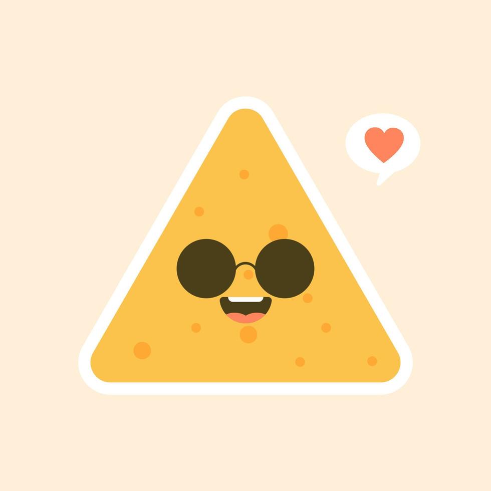 personaje de chip de tortilla feliz de dibujos animados lindo y kawaii. Ilustración de vector de carácter nachos