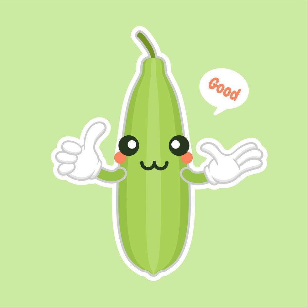 lindo y kawaii personaje de dibujos animados de luffa. lufa luffa acutangula, o calabaza esponja, planta vegana. ilustración vectorial botánica dibujada a mano. planta vegetariana de loffa. ilustración vectorial vegetal vector