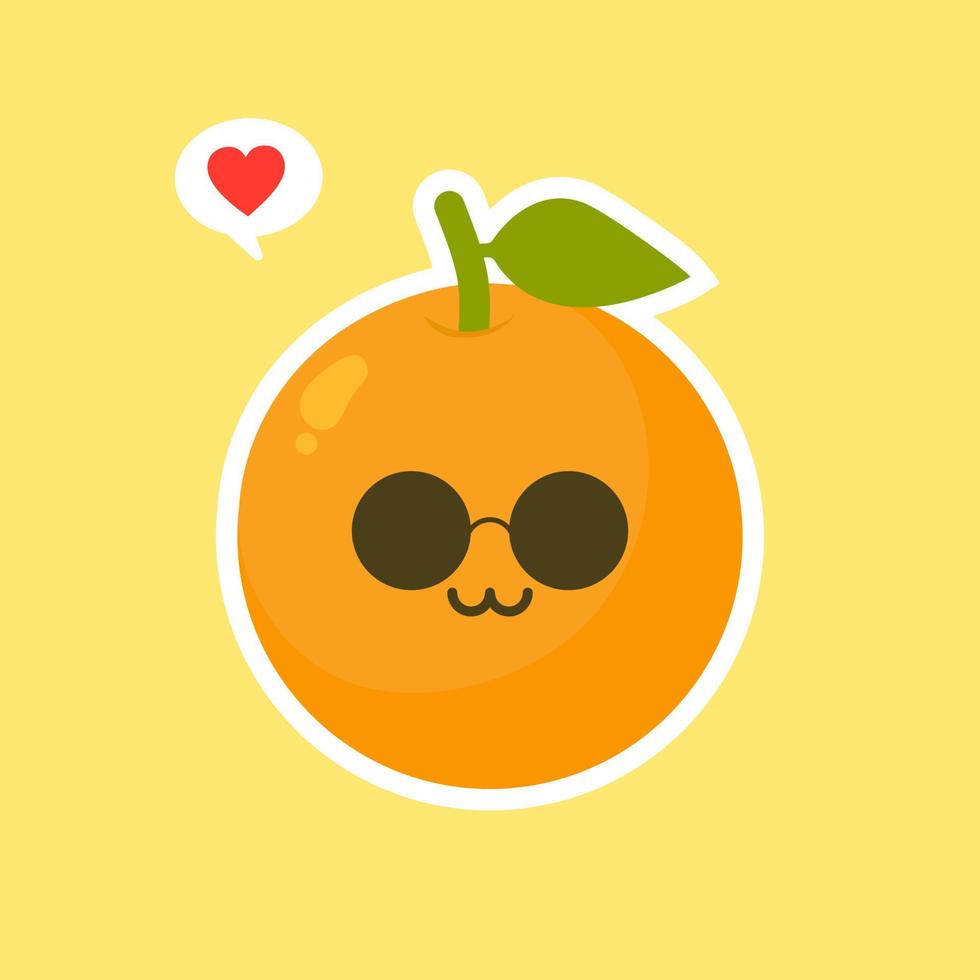 personaje de dibujos animados de fruta naranja lindo y kawaii aislado en el vector de fondo de color. divertido icono de cara de emoticono naranja positivo y amigable. comida de cara de dibujos animados de sonrisa feliz, mascota de fruta cómica