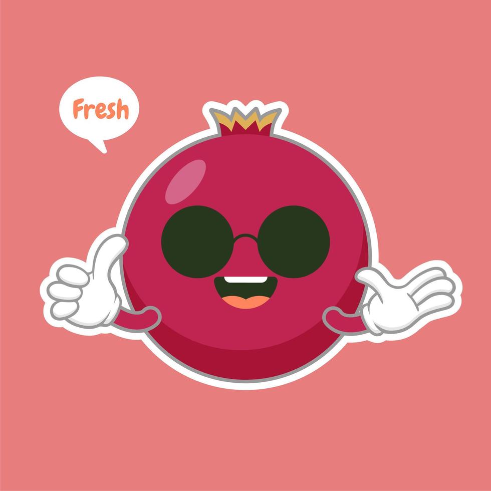 Cute and kawaii pomegranate cartoon character isolated on color background vector illustration. Funny positive and friendly emoticon face icon. Happy smile cartoon face food emoji, comical fruit