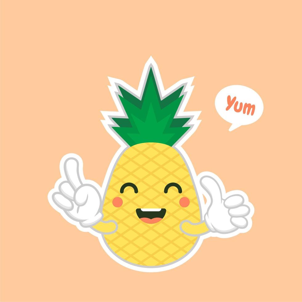 personajes de piña lindos y kawaii, personajes lindos de piña de mascotas establecidos para el verano. jugo de piña, fruta tropical, lugar de veraneo. concepto de vacaciones. para temas como frutas, verano, viajes vector