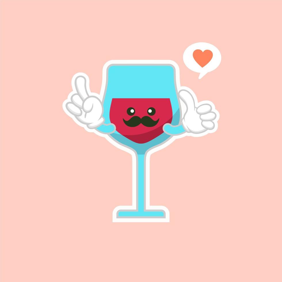 cute and kawaii glass of red wine, cartoon character design. Alcohol mascot. Transparent glass. Flat vector illustration isolated on color background