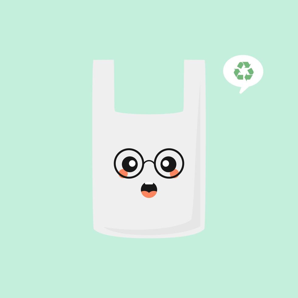 pegatinas de vector de personaje de dibujos animados de bolsa de plástico. pegatina ecológica con envase de plástico. basura plástica prohibida. aprovechamiento adecuado de los residuos no biodegradables. icono ambiental. desarrollo sostenible