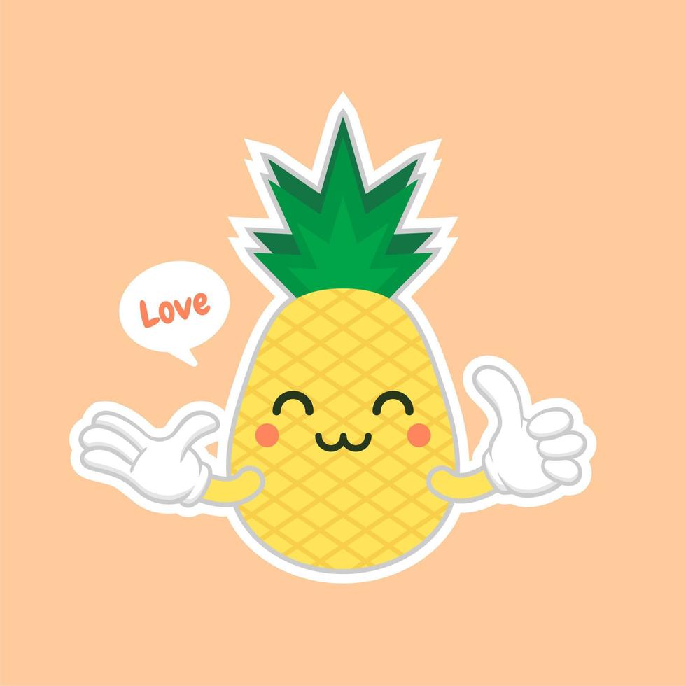 personajes de piña lindos y kawaii, personajes lindos de piña de mascotas establecidos para el verano. jugo de piña, fruta tropical, lugar de veraneo. concepto de vacaciones. para temas como frutas, verano, viajes vector