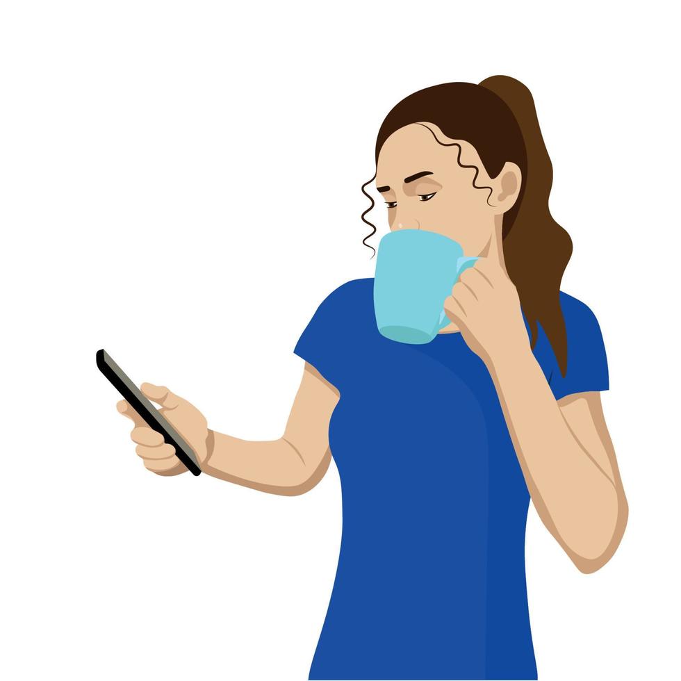 una chica bebe de una taza y mira un smartphone, un vector plano de fondo blanco, una bloguera, una líder de opinión pública, una persona influyente