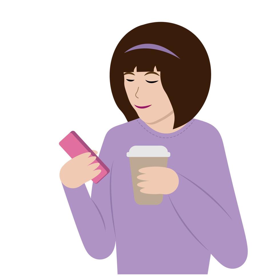 chica con un teléfono en una mano y café en la otra, un vector plano de fondo blanco, bloguera, líder de opinión, persona influyente