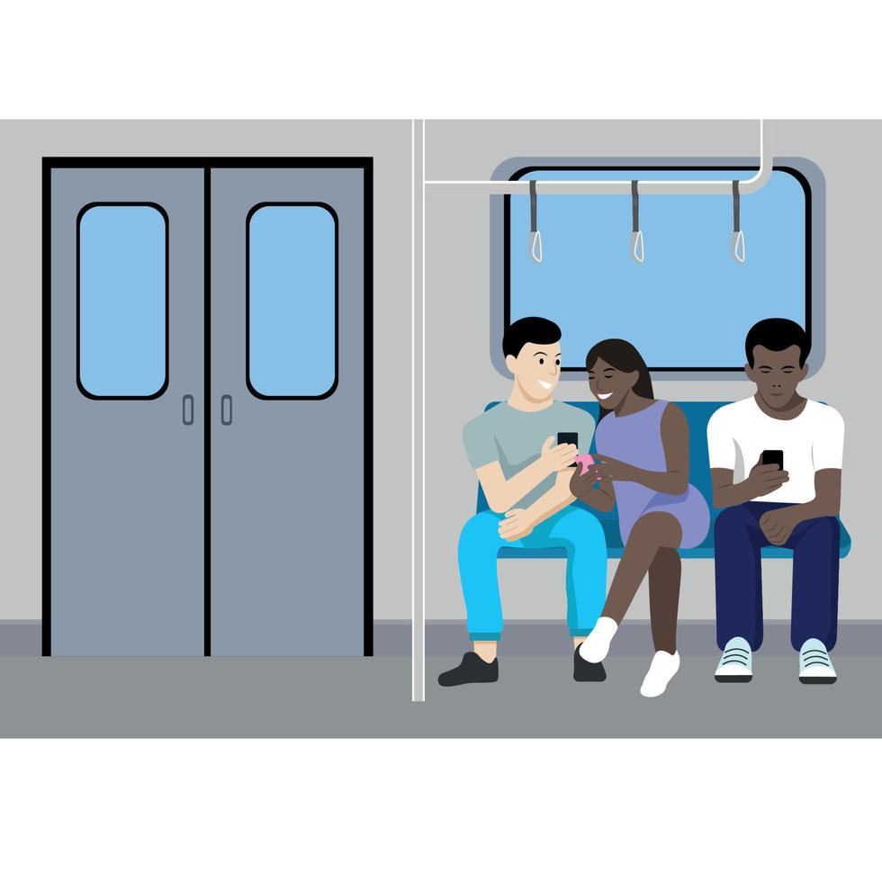 personas de diferentes nacionalidades con teléfonos en las manos en el vagón del metro, dos chicos y una chica, vector plano
