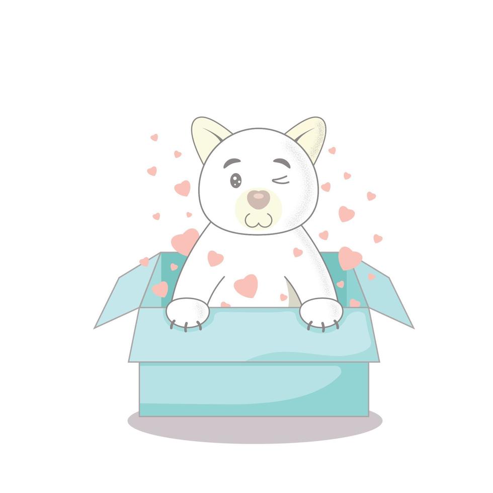 lindo gato blanco de dibujos animados en una caja azul, corazones rosas, vector plano, aislado en fondo blanco