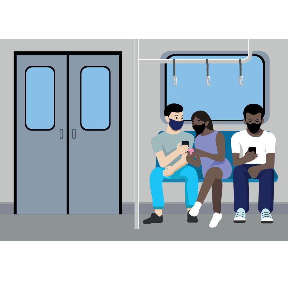 personas de diferentes nacionalidades con máscaras con teléfonos en las manos en el vagón del metro, dos chicos y una chica, vector plano