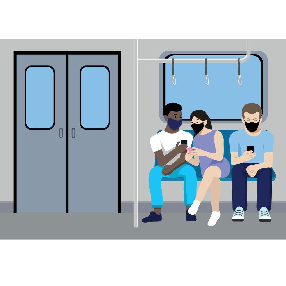 personas de diferentes nacionalidades con máscaras con teléfonos en las manos en el vagón del metro, dos chicos y una chica, vector plano, adicción al teléfono