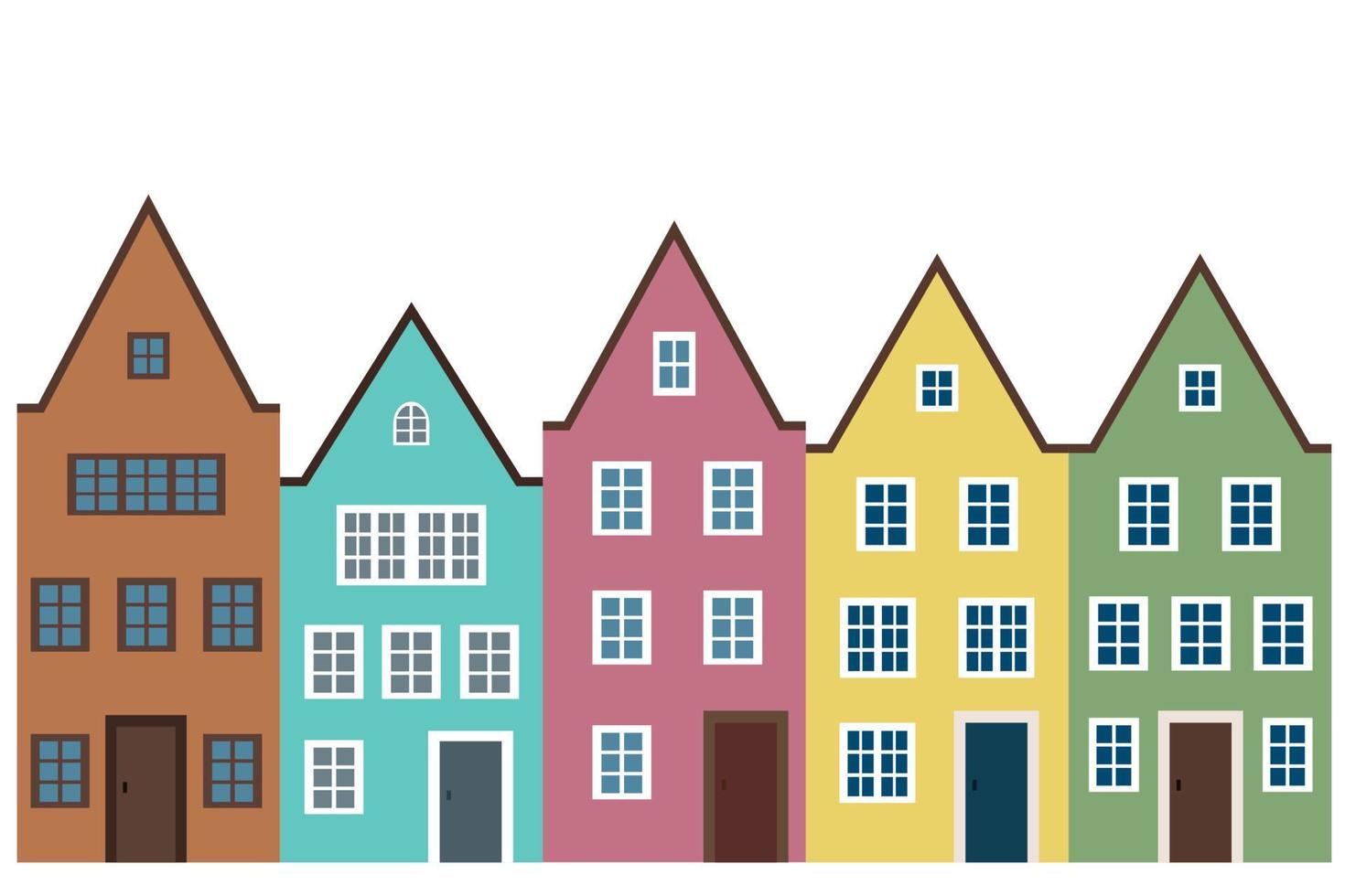 Multicolored houses on white background, flat vector, set of five houses vector