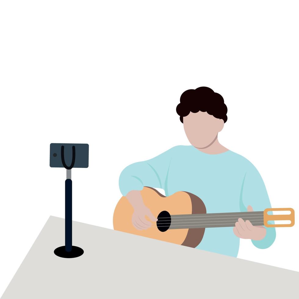 chico aprendiendo a tocar guitarra en línea, vector plano, aislado en fondo blanco, blogger, líder de opinión, influenciador, ilustración sin rostro