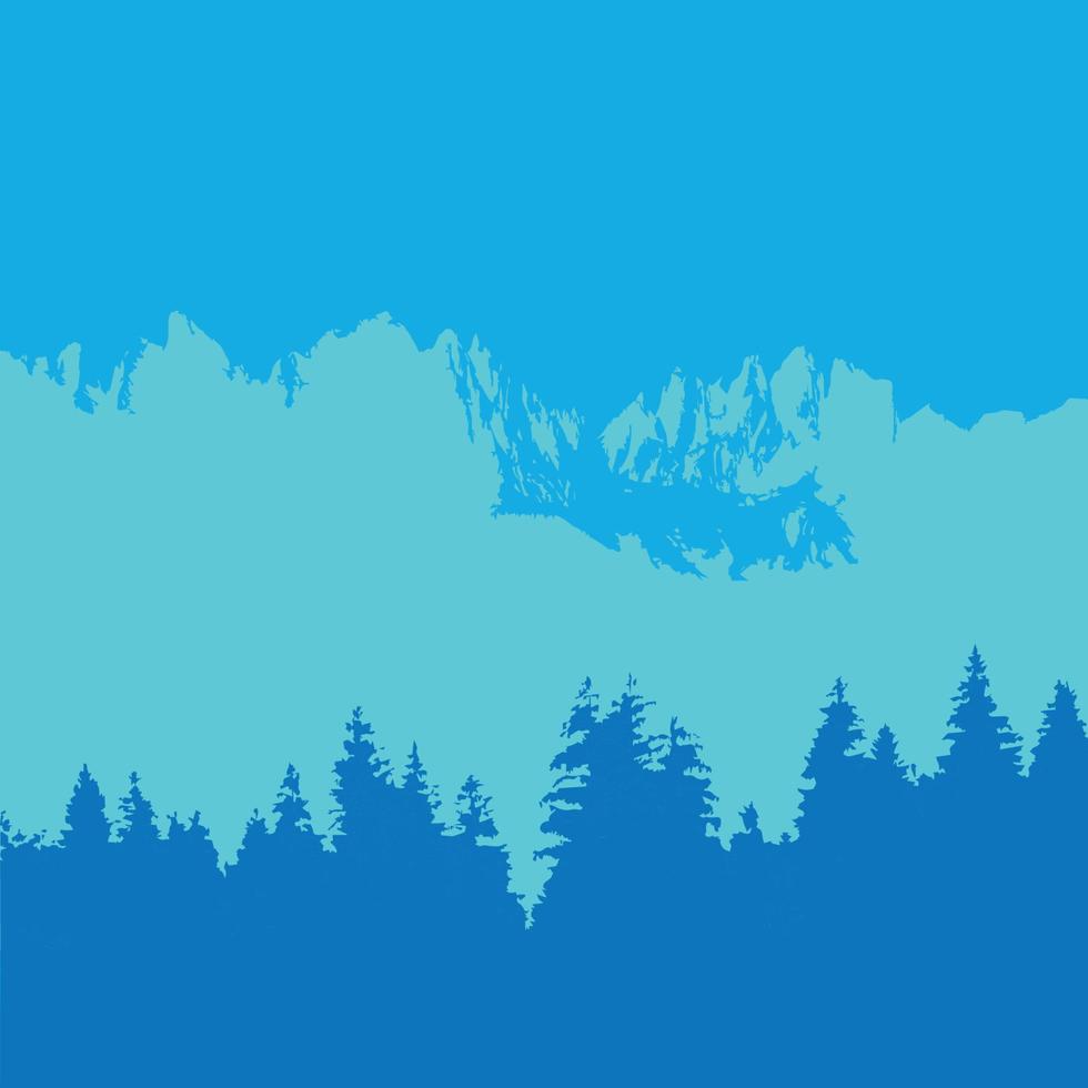 Square background in blue tones, silhouettes of fir trees, mountains, sky. Suitable for social media posting and online advertising vector