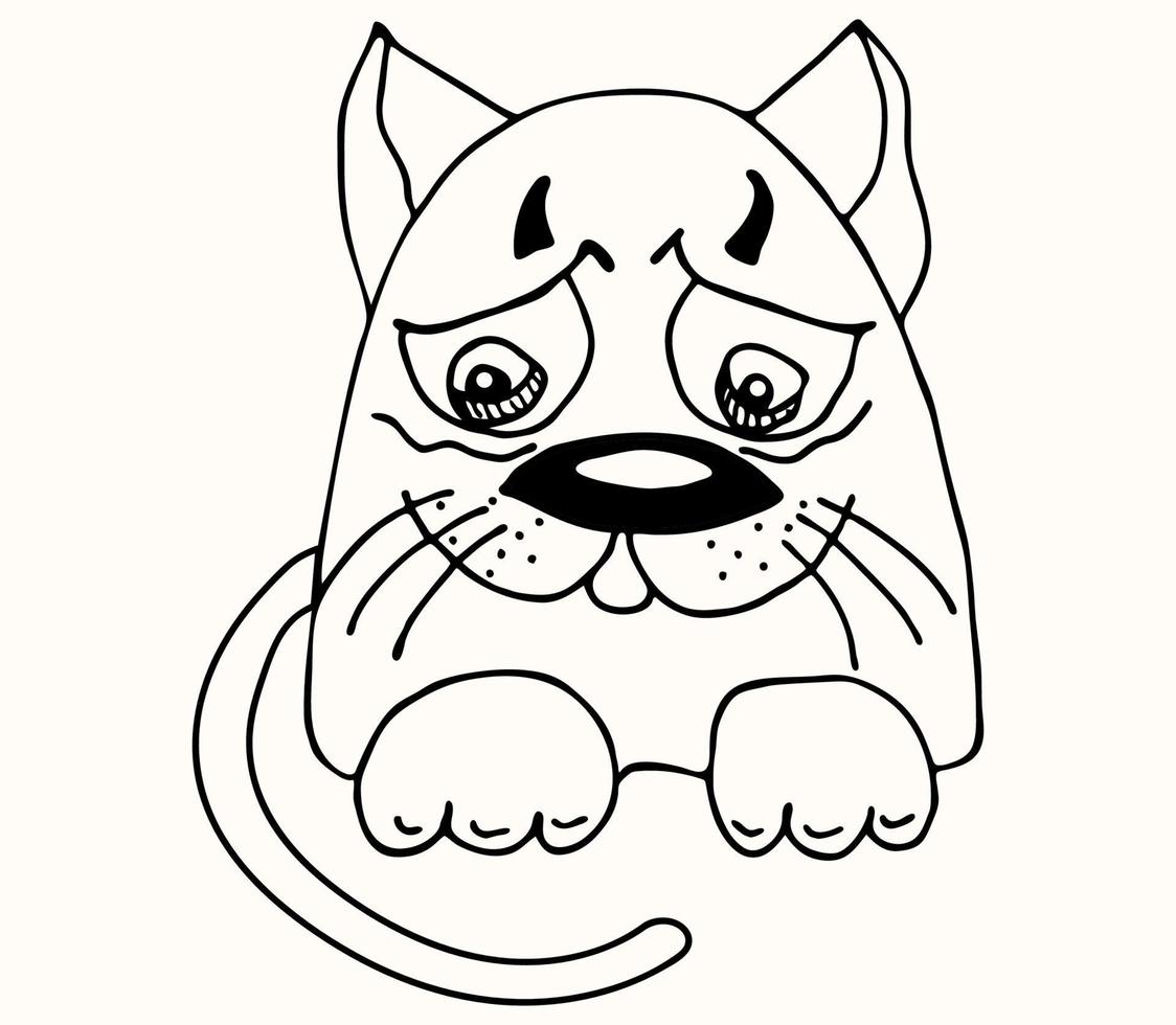 personaje de gato triste y molesto dibujado con marcador. personaje de dibujos animados, imitación del dibujo de un niño. vector