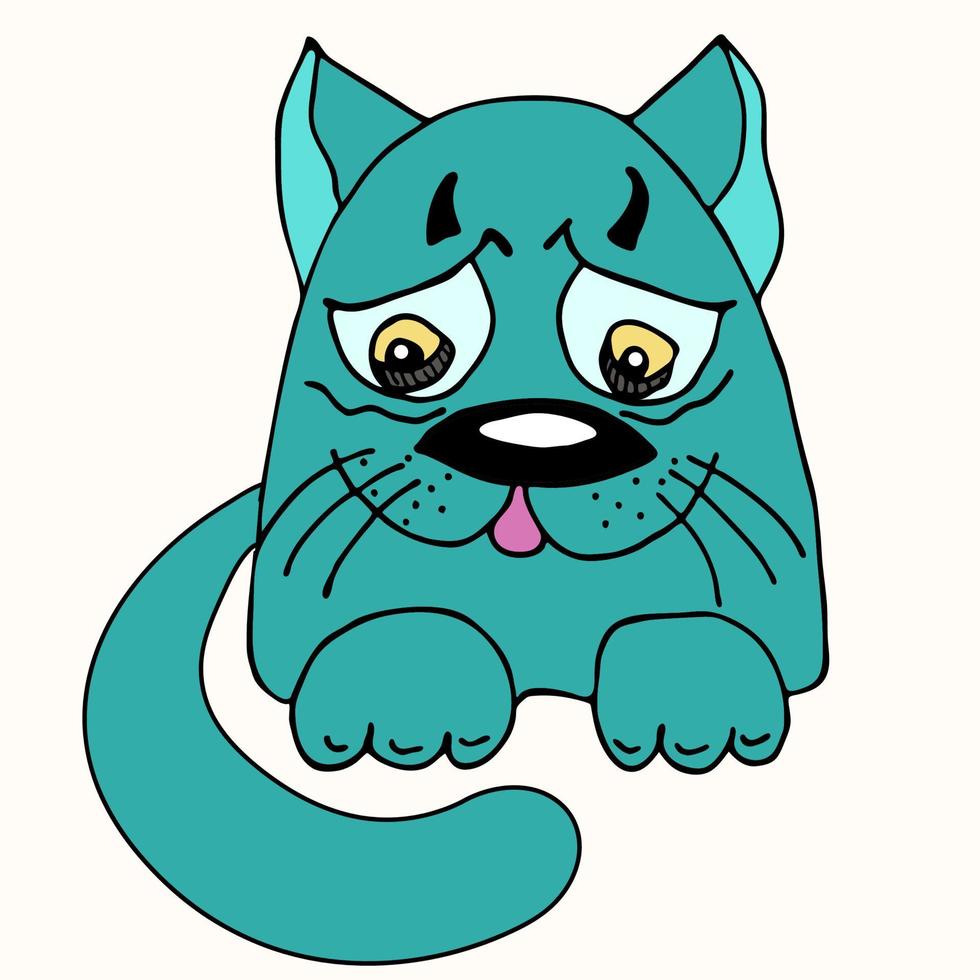 Sad and upset cat character drawn with marker. Cartoon character, imitation of a childs drawing. vector