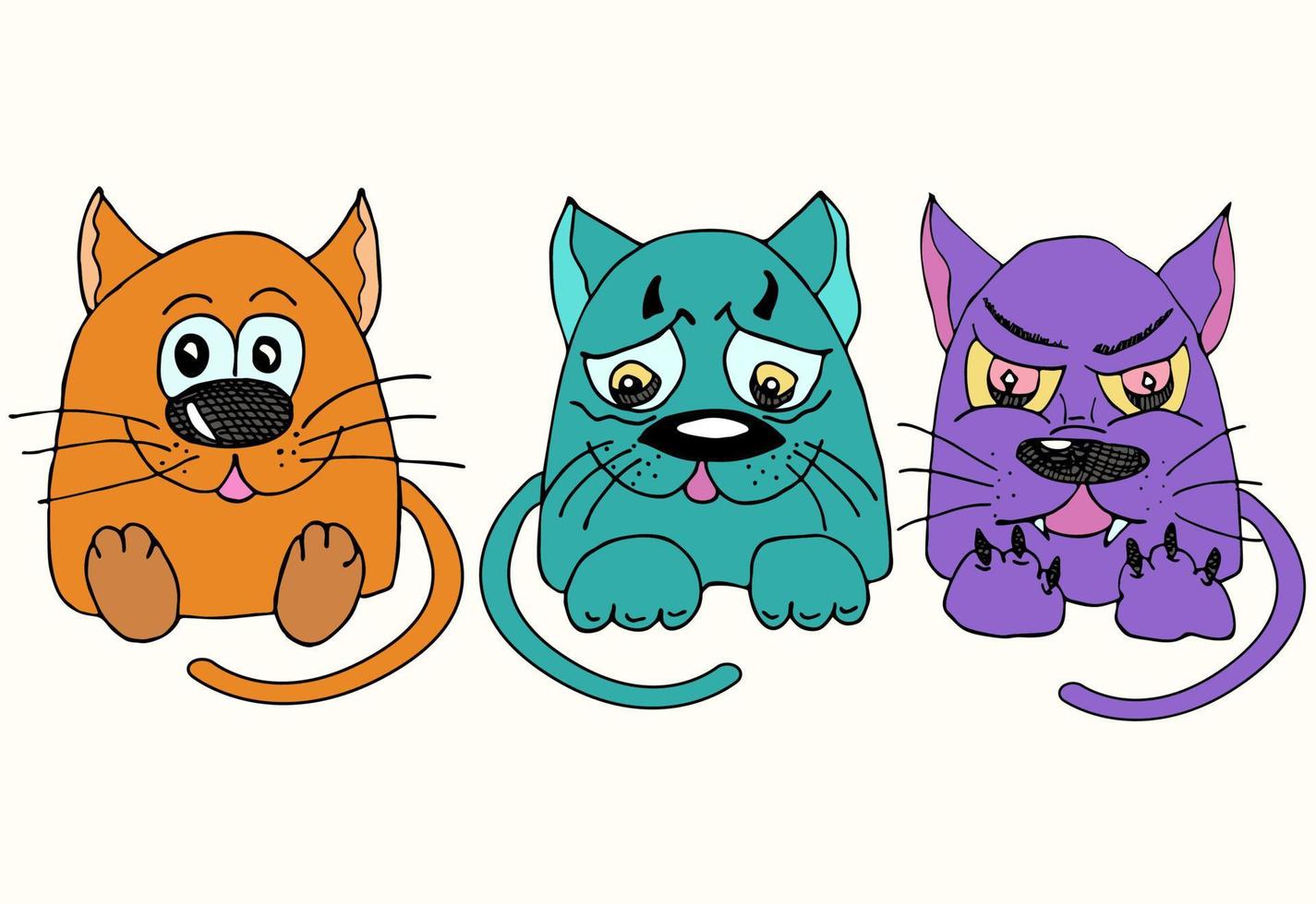 tres gatos divertidos con diferentes emociones. dibujos animados y personajes de gatos multicolores, ilustración vectorial. vector