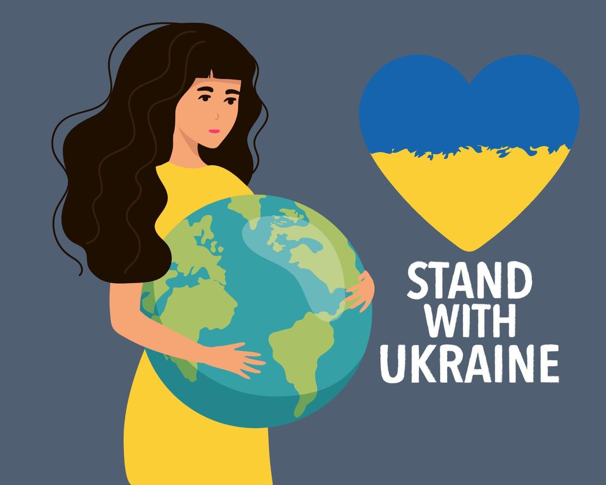Beautiful girl symbol of Ukraine holds the Globe in her hands. War in Ukraine with the aggressor. Isolated character on white background Vector illustration. Vector illustration