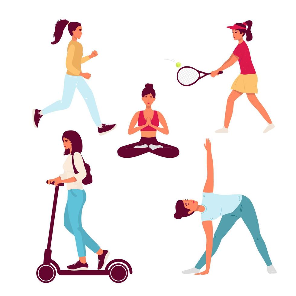 set of options isolated on white. The girl runs, plays tennis, rides a scooter, does exercises, meditates Vector illustration