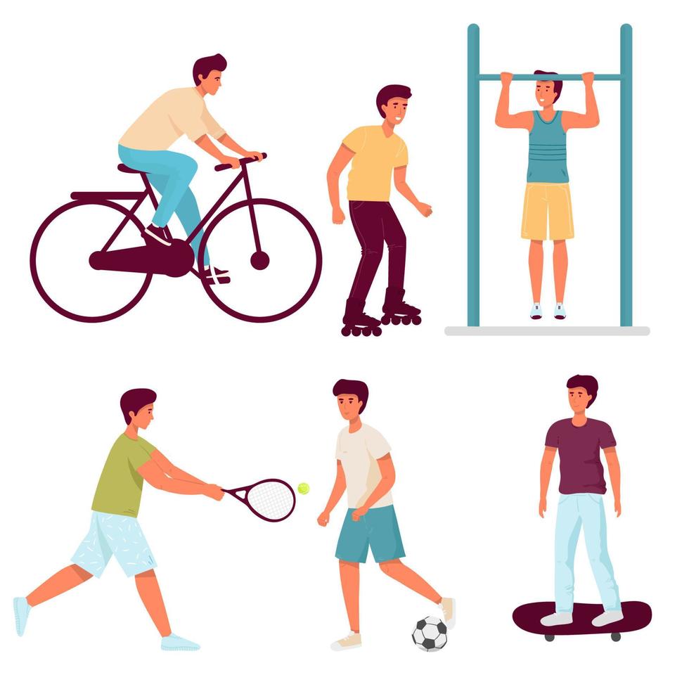 character set. A man goes in for sports.and a guy on a skateboard, bike, rollerblade, skateboard, plays football, tennis, pulls up on the horizontal bar. flat isolated on white. vector