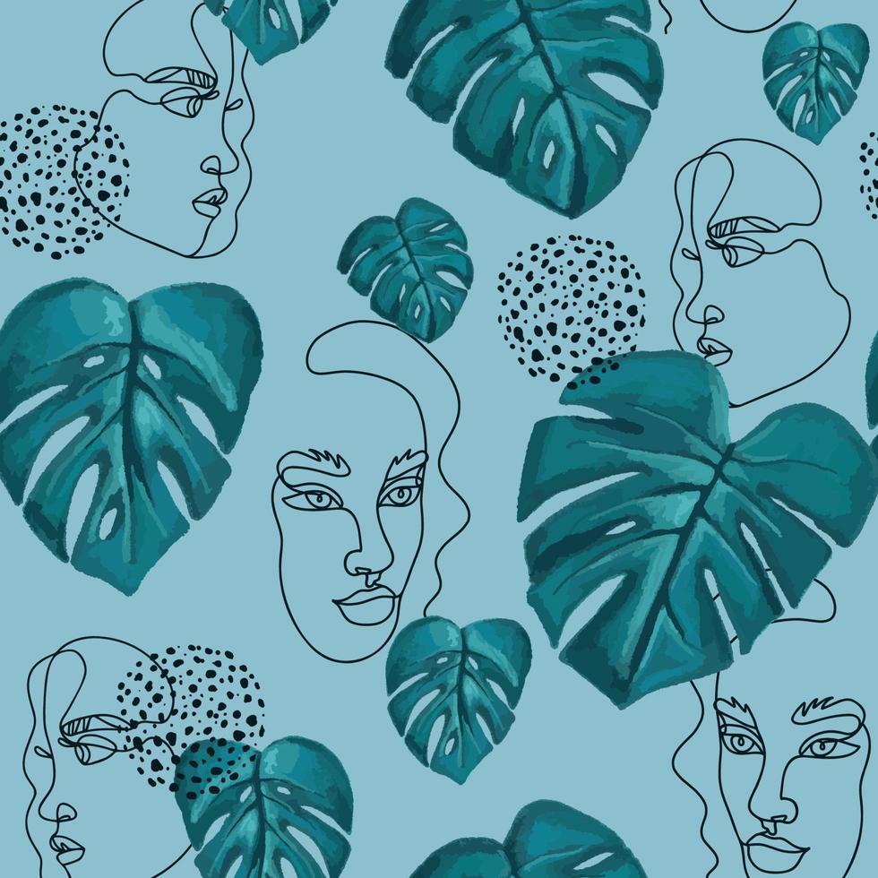 caras de arte de línea continua de patrones sin fisuras de moda, con hojas de monstera, garabatos, patrones florales sin fisuras. retratos dibujados a mano ilustración diseño de moda, impresión, textil, tela. vector