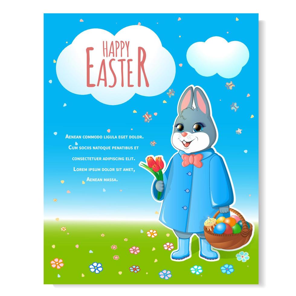 Festive poster for Easter. Bunny with a basket of painted eggs and tulips. Cake with a burning candle. Against the blue sky and green grass. Vector illustration.