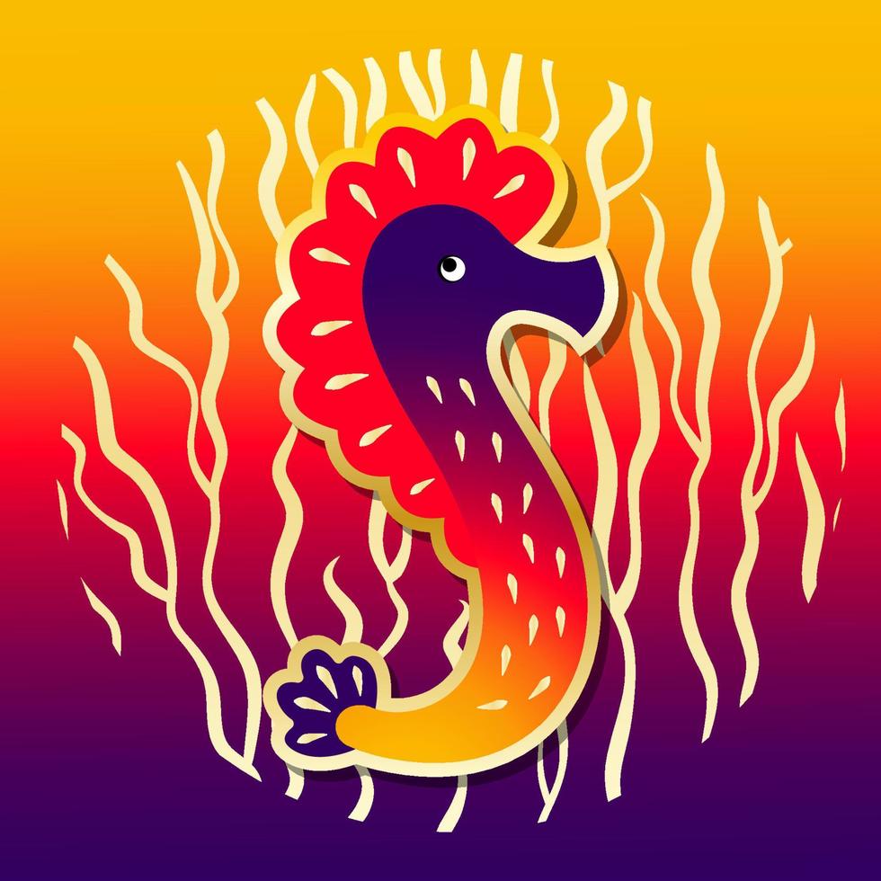 Seahorse is a bright colored illustration with a marine life on a background of seaweed, with a golden stroke in a flat style. Children s character. Vector illustration.
