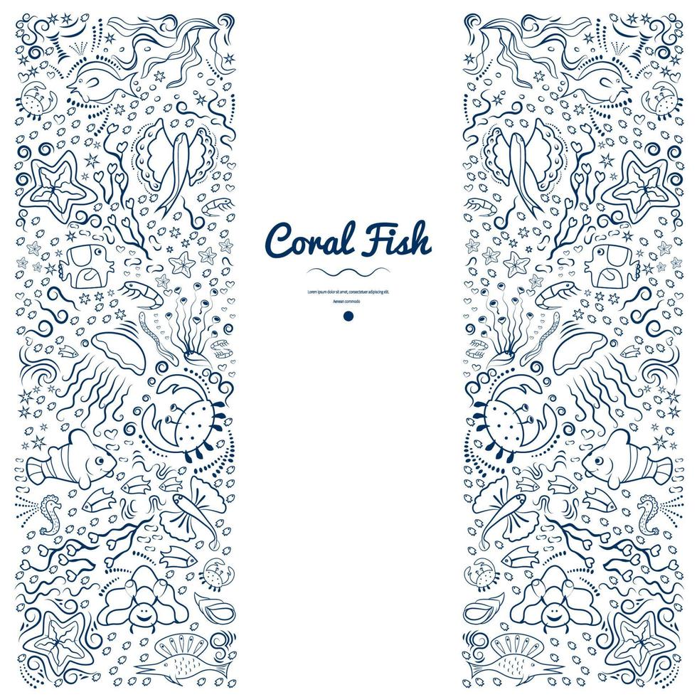 Sea pattern, vertical, with deep-sea fish, seaweed. Monochrome, frame for banners, advertising of marine products, aquariums. Black silhouettes on white background. Place under the text. Vector