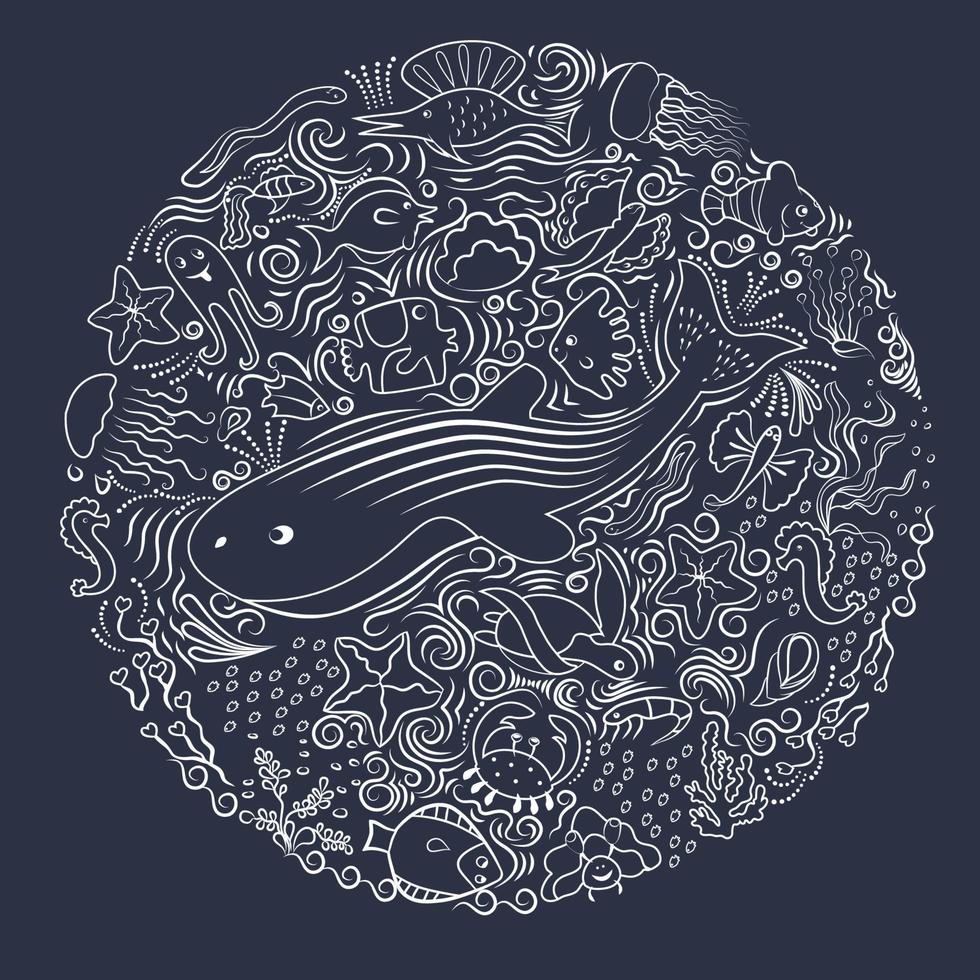 Circular pattern. Shell, fish, deep-sea animals of the sea and ocean. Beautiful marine aquarium. Isolated on a dark background. Made by artistic white lines. Vector illustration.