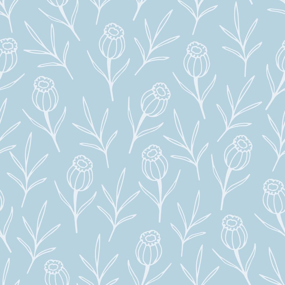 Gentle calm floral vector seamless pattern. White outline of flowers, twigs on a light blue background. For prints of fabric, textile products, packaging, clothing.
