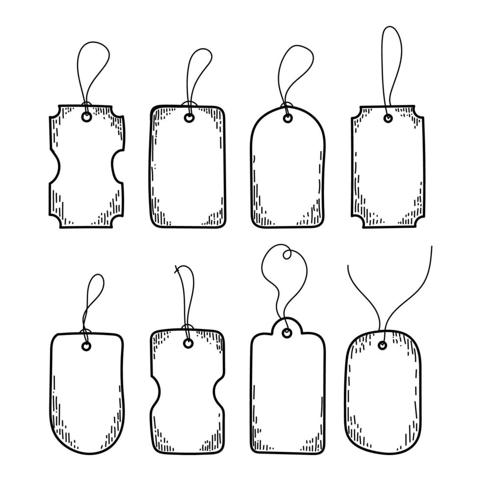 Price tags drawn in doodle style. A set of blank tags for gift boxes or labels for sale shopping with string. Vector illustration