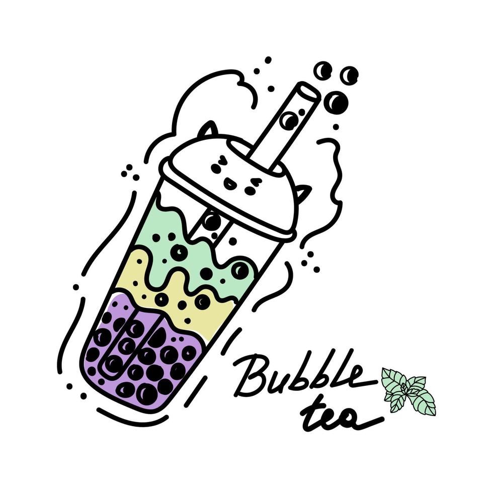 Sweet cup of Bubble. Milk tea with tapioca pearls. Bob's Tea. Asian Taiwanese drink. Drawn color fashion vector illustration. Cartoon style. Flat design. Isolated element