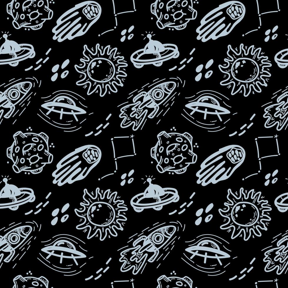 Seamless drawing of flying transport, planets, comets and stars. Vector in cartoon style. Rocket, flying saucer. Space objects on black background. Can be used for greeting cards, children's fashion