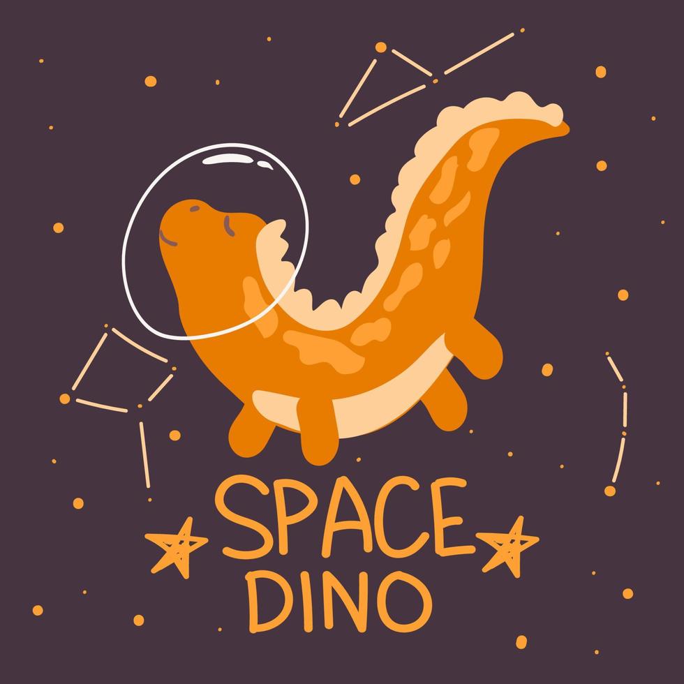 Cute space dinosaur with a planet, stars and comets around it. Flat style vector. Dinosaur astronaut. Can be used for postcards, children's fashion, textiles, fabrics, posters, t-shirts vector