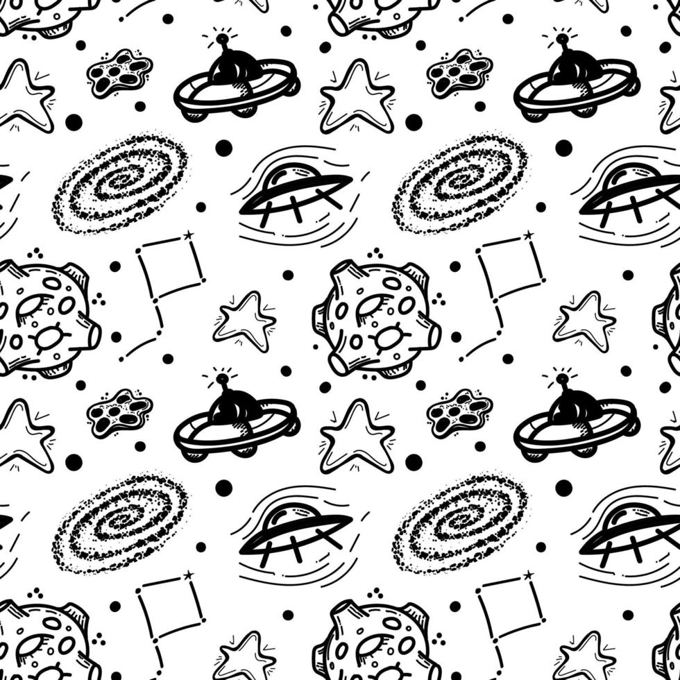 Seamless pattern of flying saucer, planets, comets, asteroids and stars. Vector in cartoon style. Black hole. Sun. Stars. Solar system on a black background. Can be used for greeting cards, children's