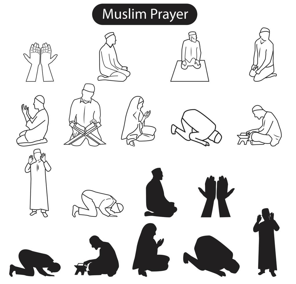 A set of Muslim prayer line icons and silhouettes vector