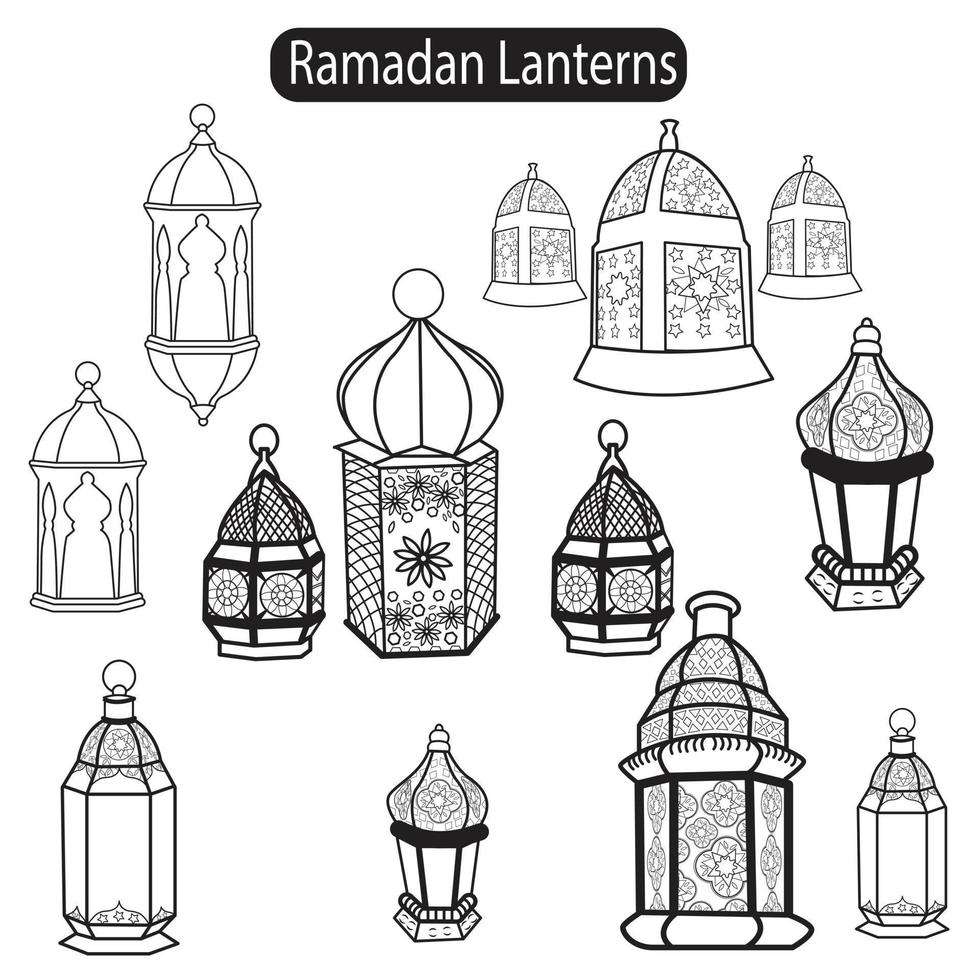 A set of Ramadan lantern line drawing vector